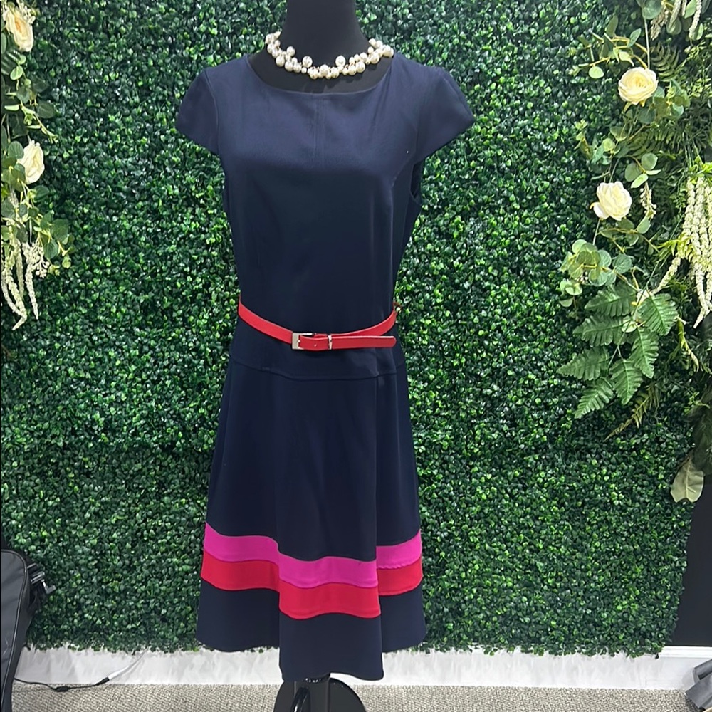 Navy Blue Dress with Red and Pink Accents